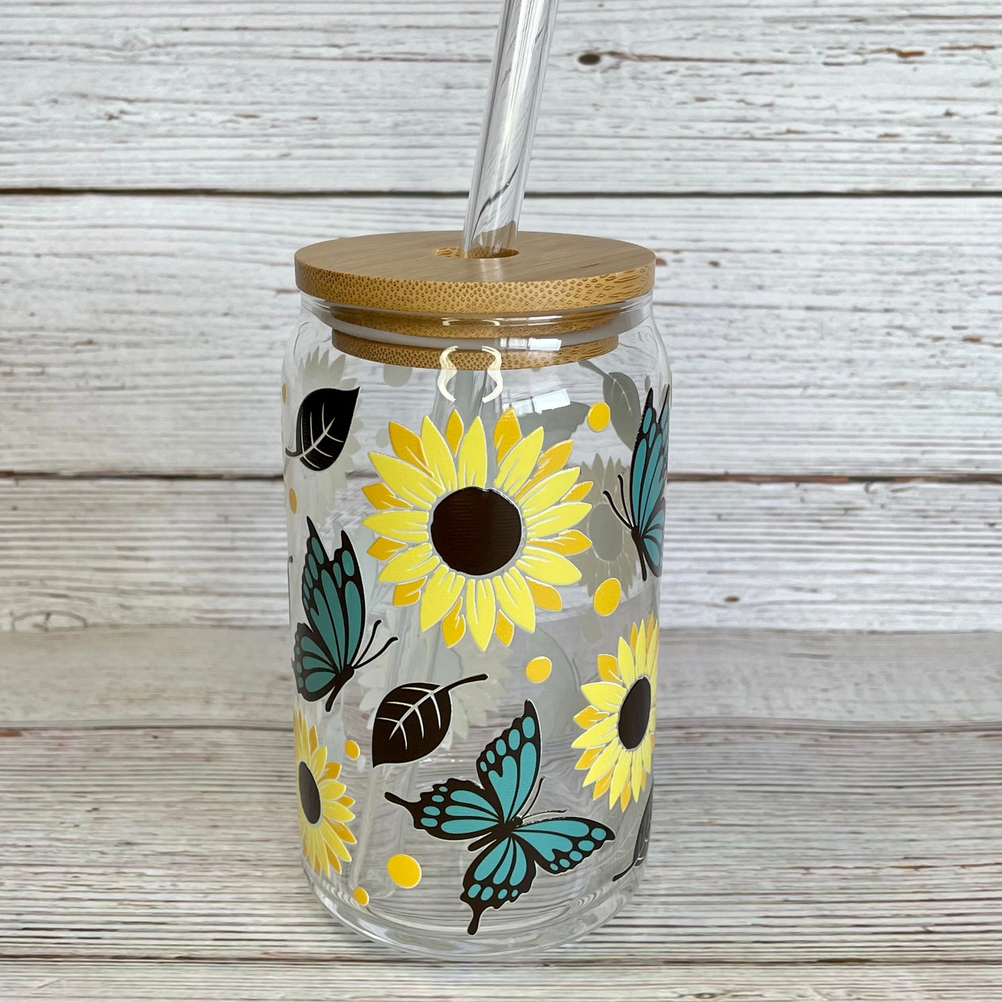 Butterfly and Sunflower Glass Can