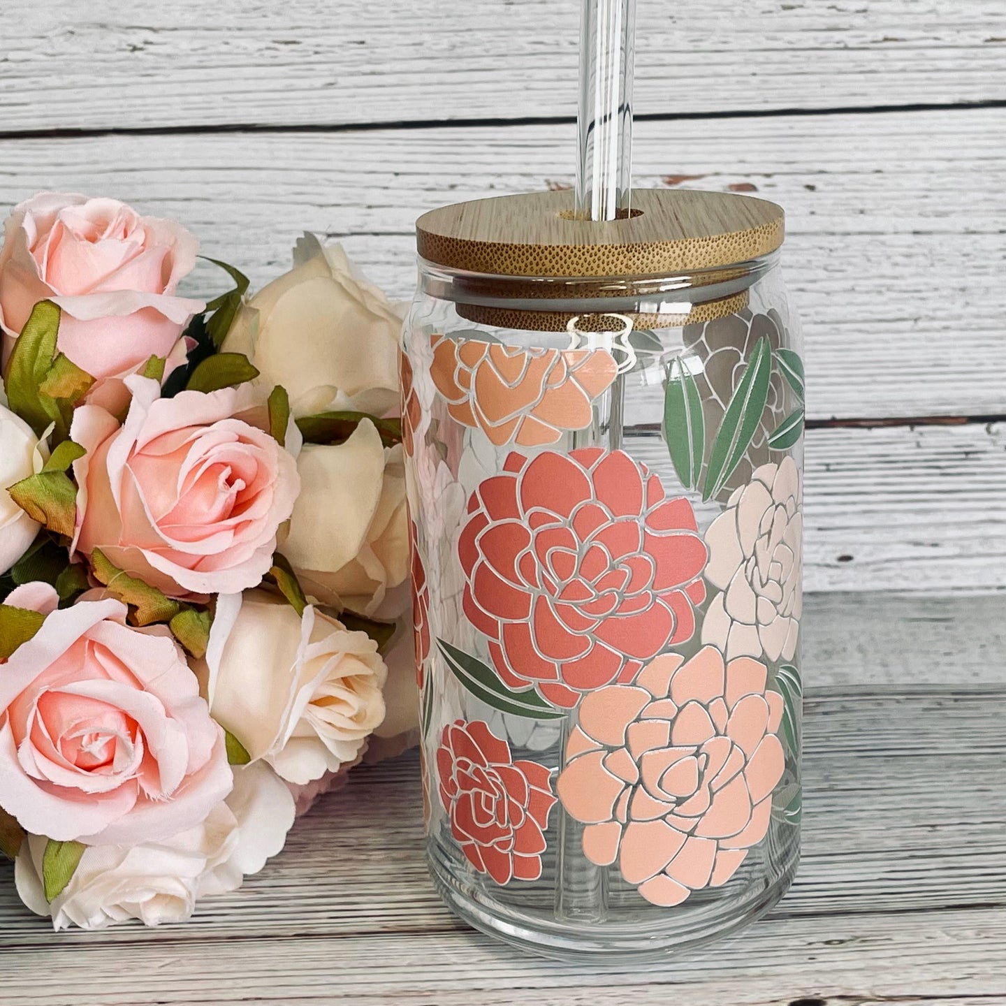 Peonies Floral Glass Can