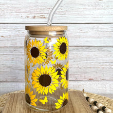 Load image into Gallery viewer, Butterfly and Sunflower Glass Can
