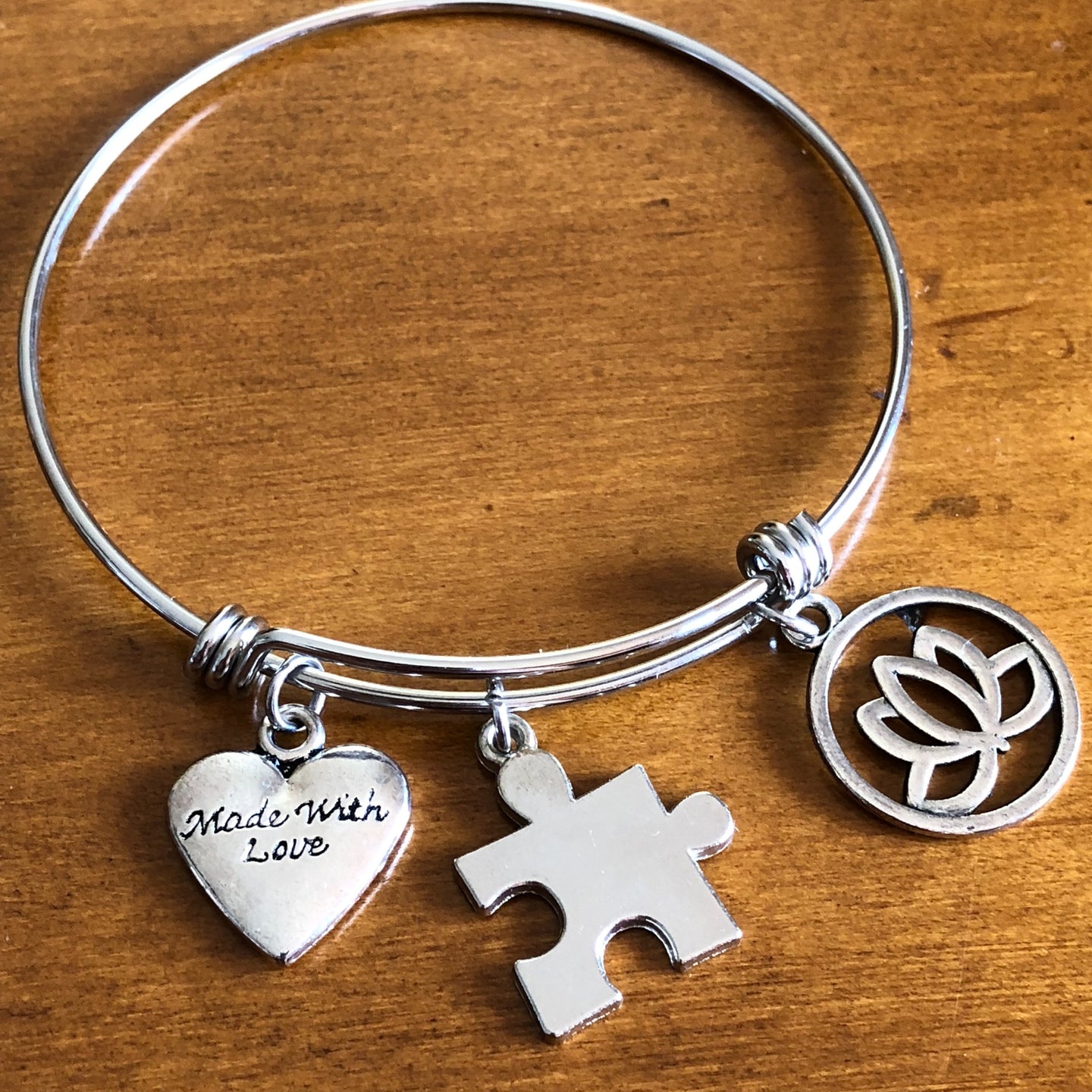 Autism Puzzle, Lotus and Heart Charm Bracelet